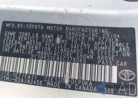 2005 Toyota Corolla Ce from USA, damaged, VIN 2T1BR32E85C378069